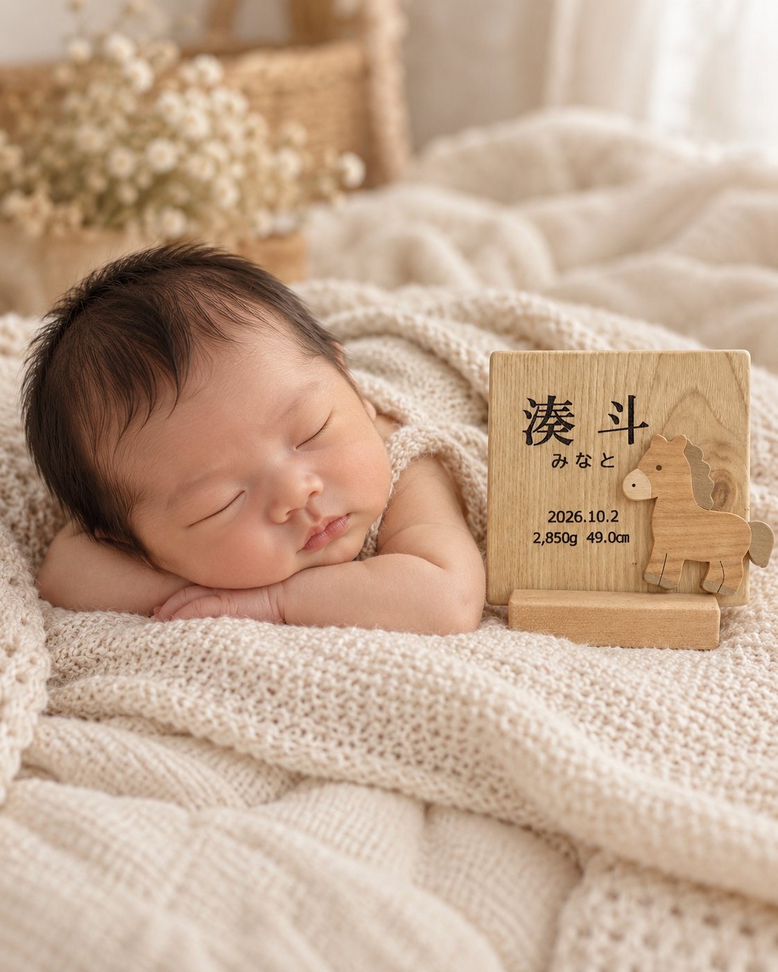 赤ちゃんのそばに飾った命名プレート