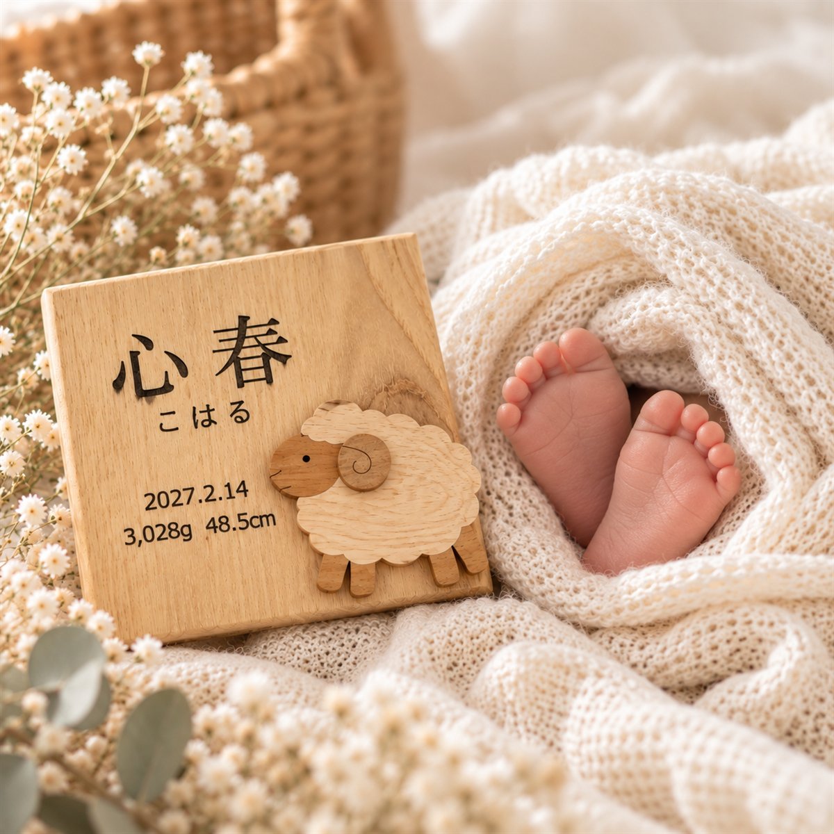赤ちゃんの足元に置いた命名プレート（ひつじ）