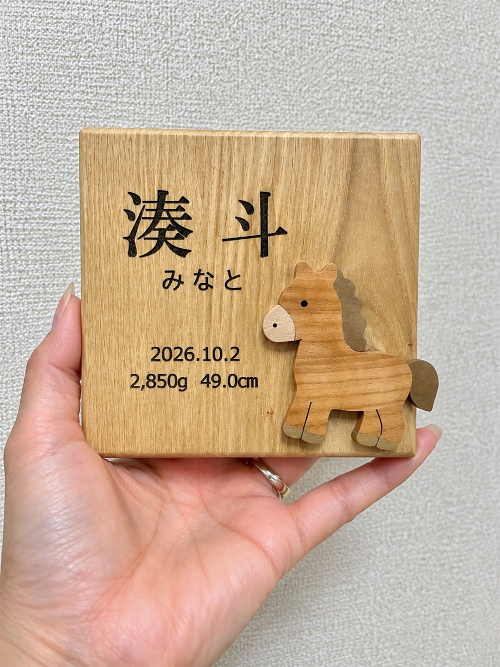 手のひらにのせた命名プレート（馬）