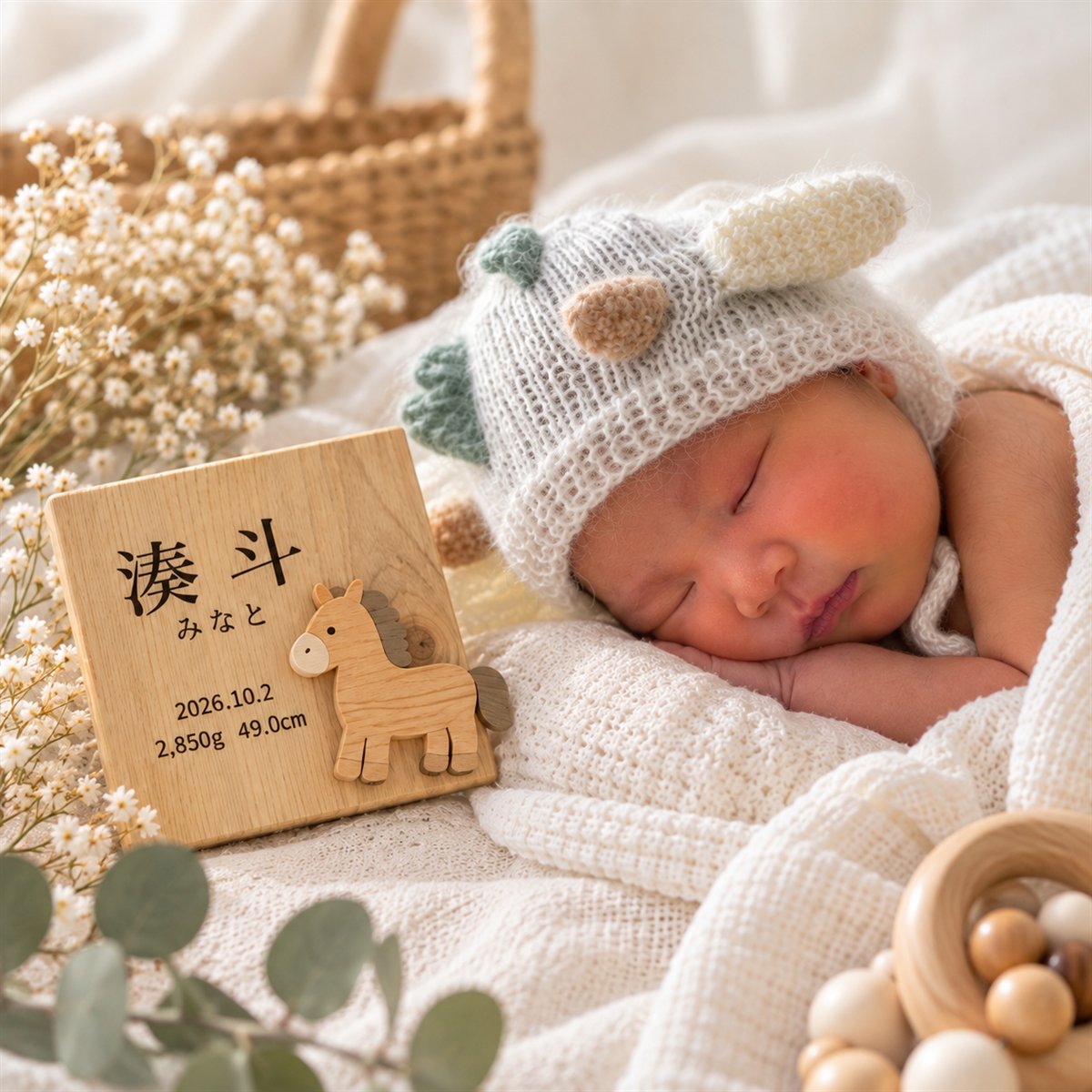 赤ちゃんのそばに飾った命名プレート