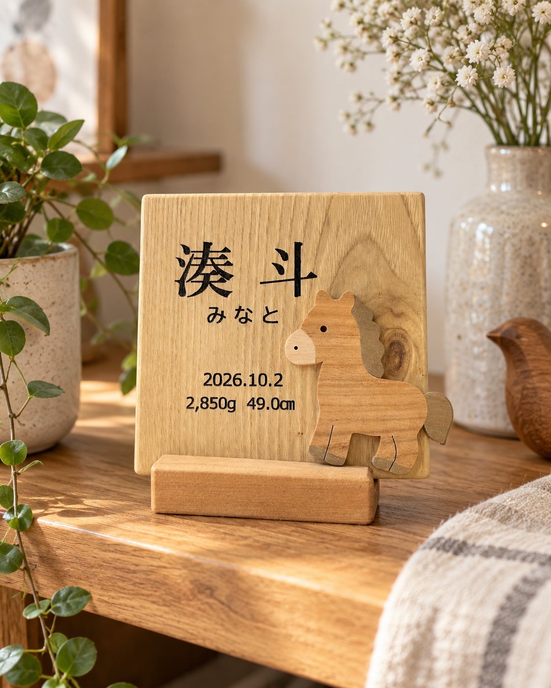 棚にスタンドで飾った命名プレート